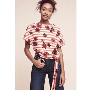 Anthropologie Postmark Striped Floral Crop Top Size S Red White Tie Front